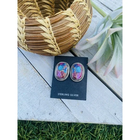 Navajo Pink Dream Mohave & Sterling Silver Post Earrings By Wydell Billie - Picture 2 of 7